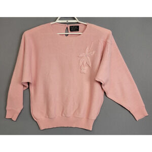 Vintage Knitivo Sweater Womens L Pink Knit Embroidered Flora Pearl Doman Sleeves